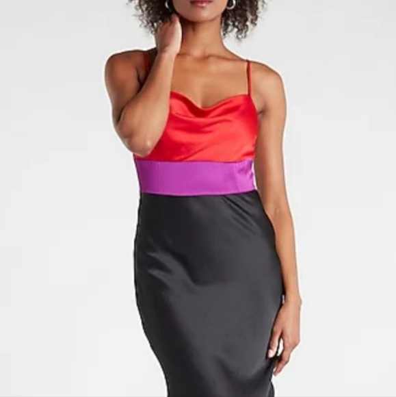 Express Black Satin Color Blocked w Red & Purple Cowl Neck Midi Slip Dress - Picture 16 of 16